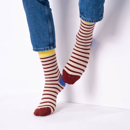 Combed Cotton Socks - Beige & Burgundy Striped - One size: 41/46 - Harman Shop & Atelier