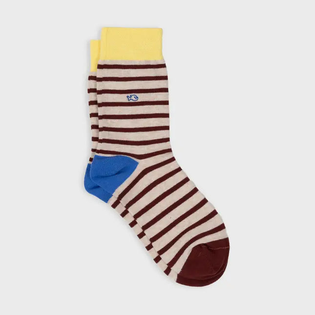 Cotton Socks - Beige & Burgundy Striped - One size: 41/46