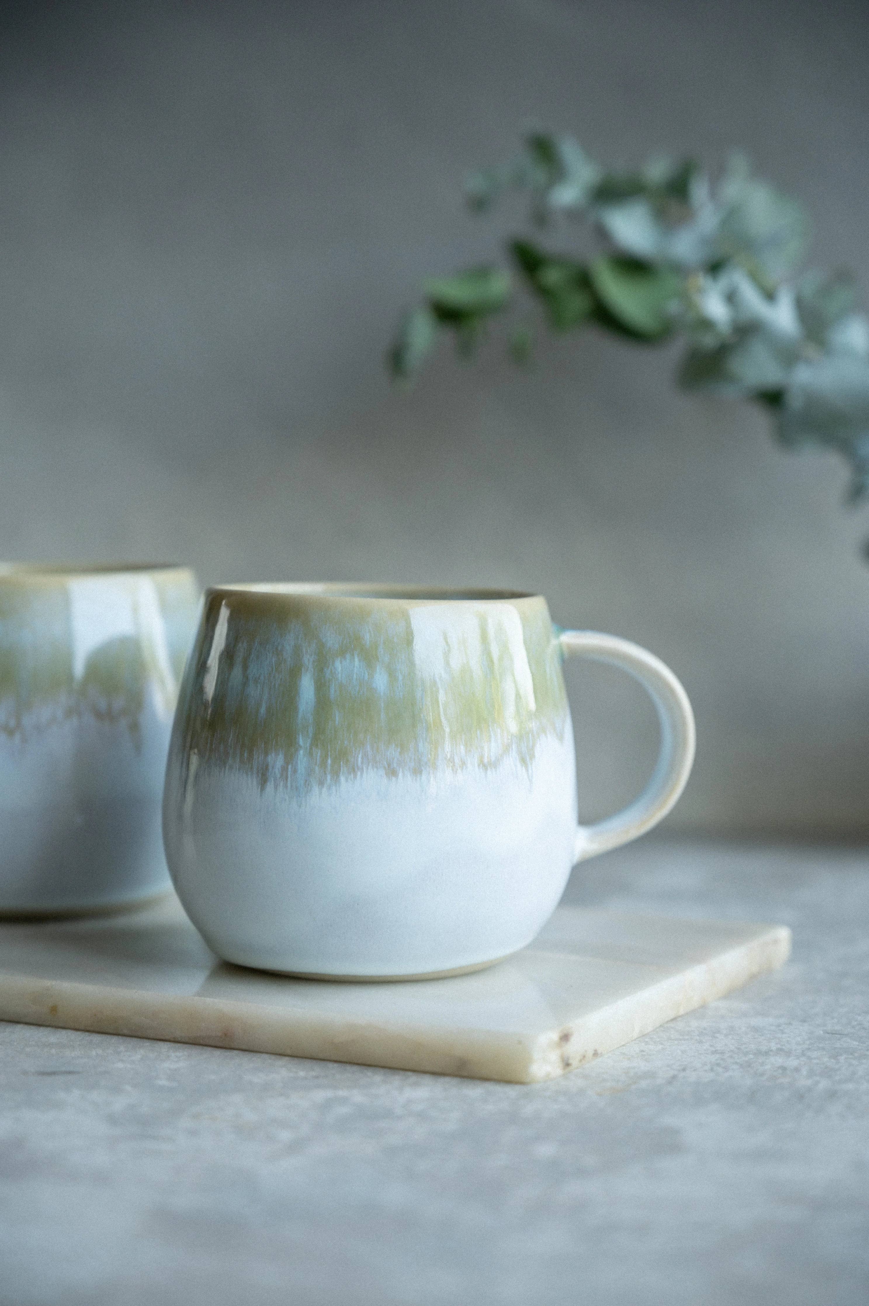 Handmade Ceramic Mug - Mint - Green & White - 290ml