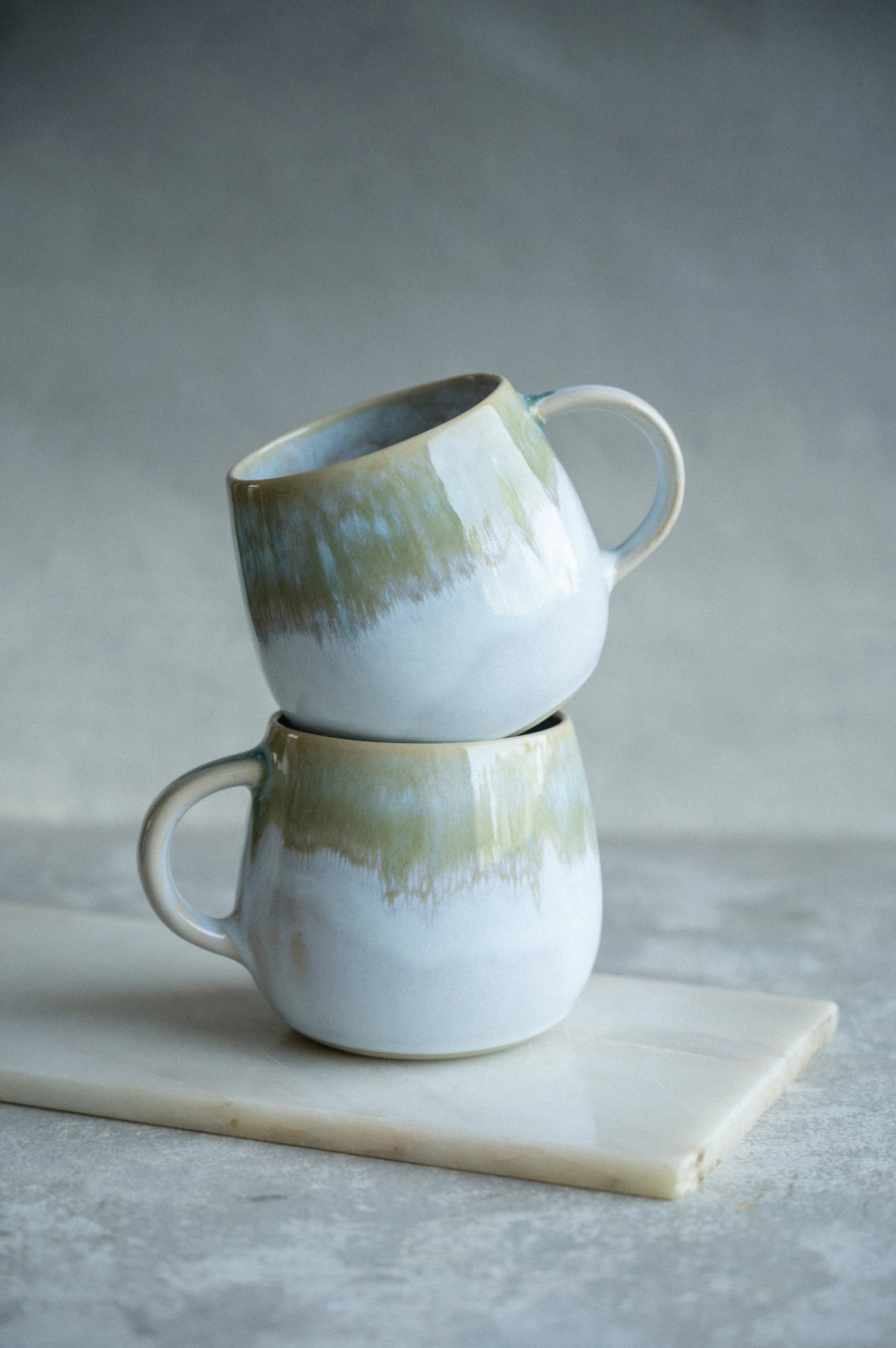 Handmade Ceramic Mug - Mint - Green & White - 290ml