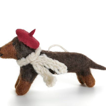Felt Christmas Decoration - Sausage Dog with Beret