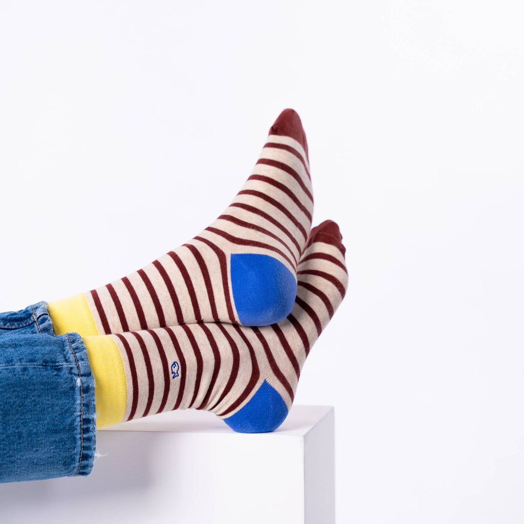 Gekamde katoenen sokken - beige &amp; bordeauxrood gestreept - één maat: 41/46