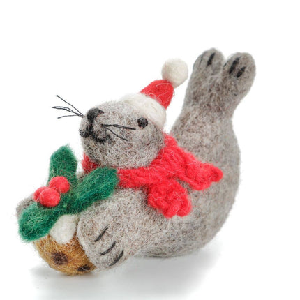Felt Christmas Decoration - Seal with Christmas Pudding