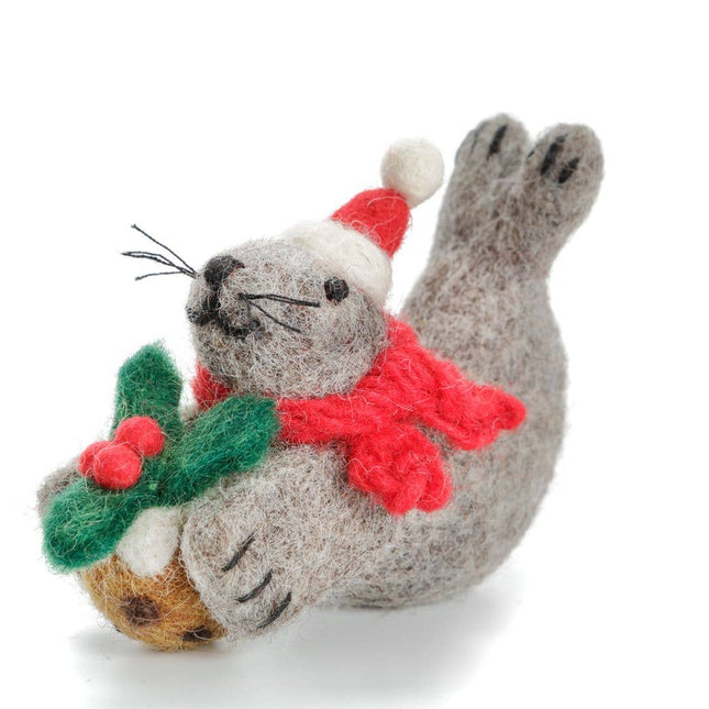 Handmade Wool Felt Christmas Decoration - Seal with Christmas Pudding