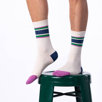 Combed Cotton Socks - Beige & Green - Navy Striped - One size: 41/46 - Harman Shop & Atelier