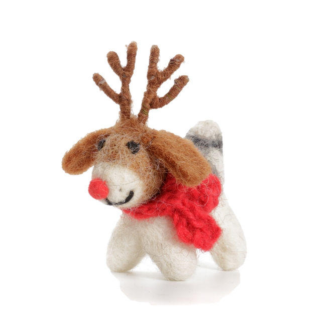 Handmade Mini Wool Felt Christmas Decoration - Fox Terrier with Antlers