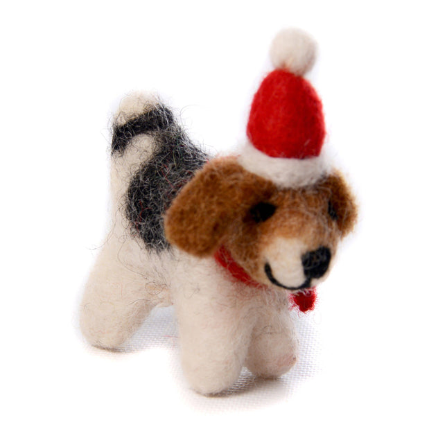 Handmade Mini Wool Felt Christmas Decoration - Fox Terrier with Hat & Scarf