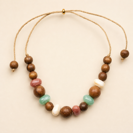 Bohem Adjustable Necklace w Wood & Mineral Stones