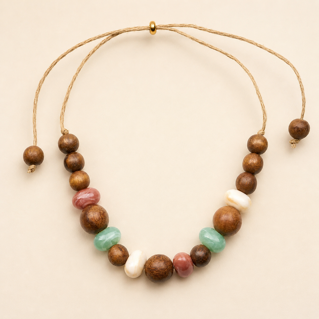 Bohem Adjustable Necklace w Wood & Mineral Stones