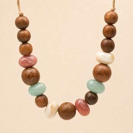 Bohem Adjustable Necklace w Wood & Mineral Stones