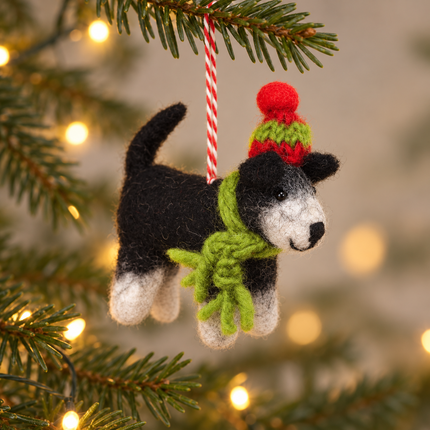Handmade Wool Felt Christmas Decoration - Terrier Dog with Christmas Hat