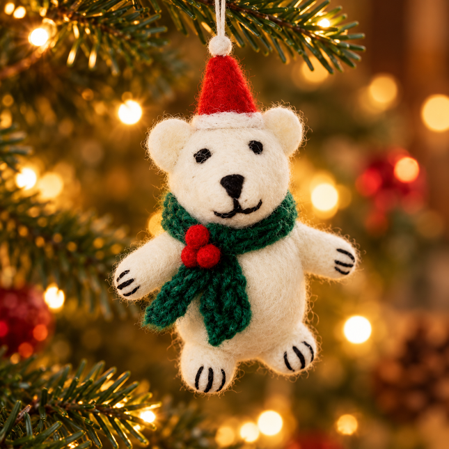Handmade Mini Wool Felt Christmas Decoration - Polar Bear with Holly Scarf