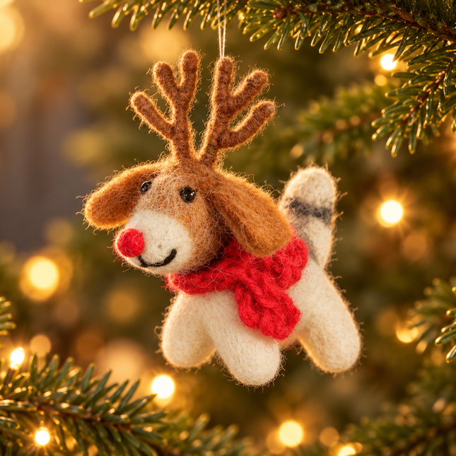 Handmade Mini Wool Felt Christmas Decoration - Fox Terrier with Antlers