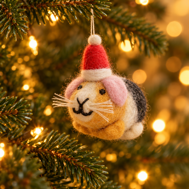 Handmade Mini Wool Felt Christmas Decoration - Guinea Pig with Hat