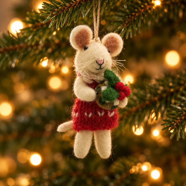 Handmade Wool Felt Christmas Decoration - Mouse with Christmas Pudding