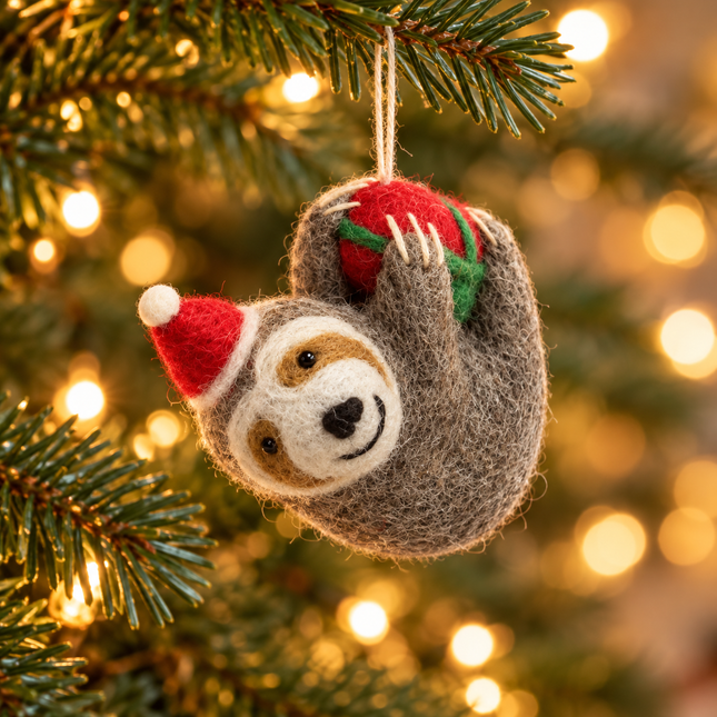 Handmade Mini Wool Felt Christmas Decoration - Sloth with Present