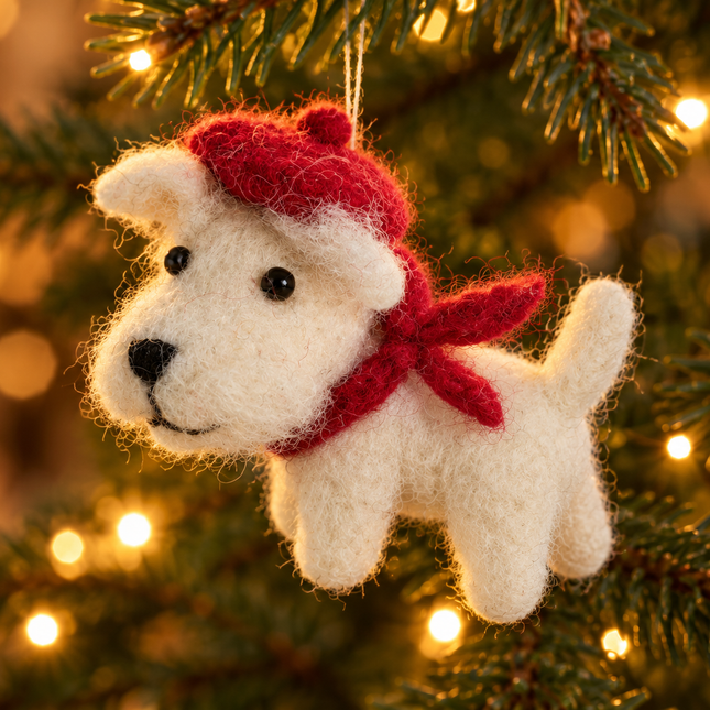 Handmade Wool Felt Christmas Decoration - White Highland Terrier with Tam O'Shanter