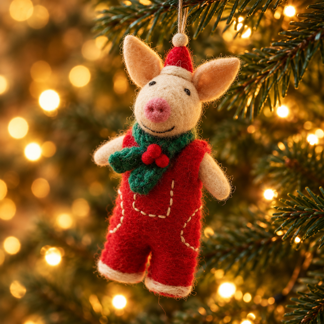 Handmade Wool Felt Christmas Decoration - Piglet in Christmas Dungarees