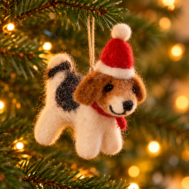 Handmade Mini Wool Felt Christmas Decoration - Fox Terrier with Hat & Scarf