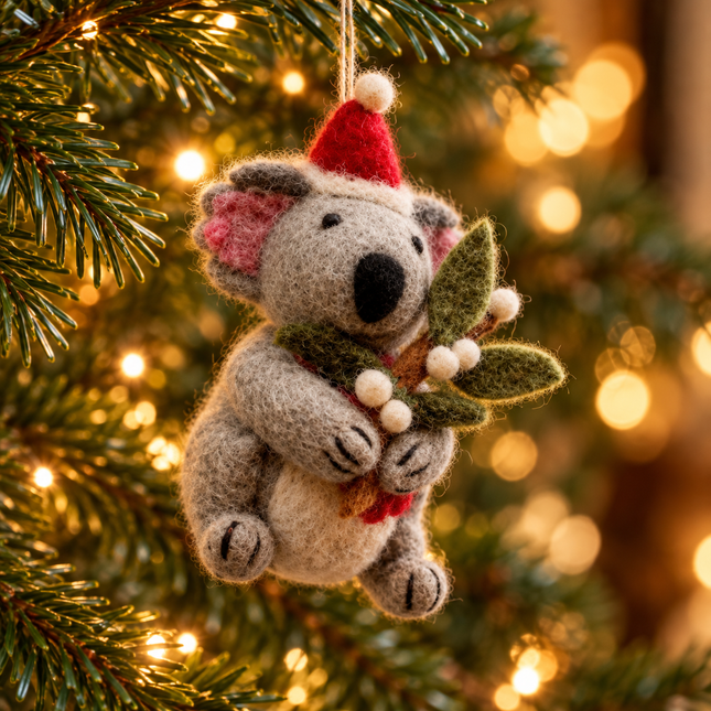 Handmade Wool Felt Christmas Decoration - Koala Bear with Mistletoe Spig
