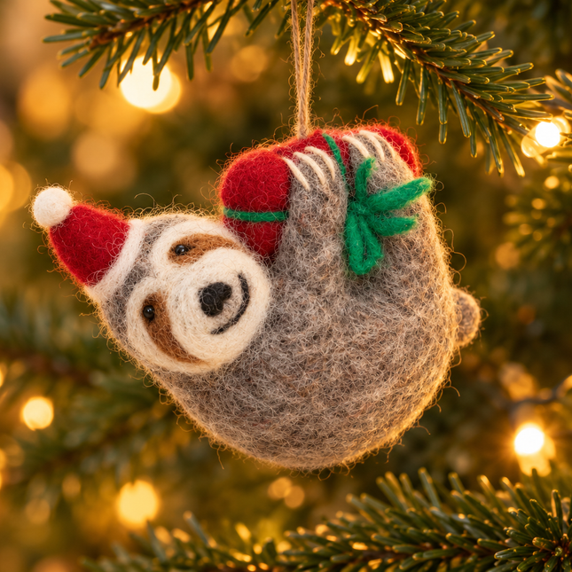 Handmade Wool Felt Christmas Decoration - Sloth with Present