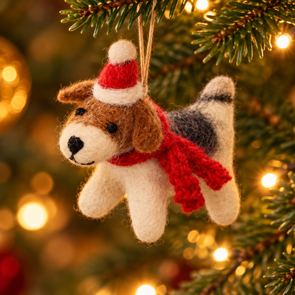 Handmade Wool Felt Christmas Decoration - Fox Terrier with Hat & Scarf