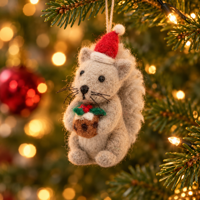 Handmade Wool Felt Christmas Decoration - Squirrel with Christmas Pudding
