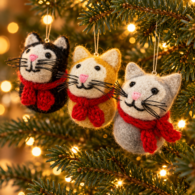 Handmade Mini Wool Felt Christmas Decoration - Cat with Scarf
