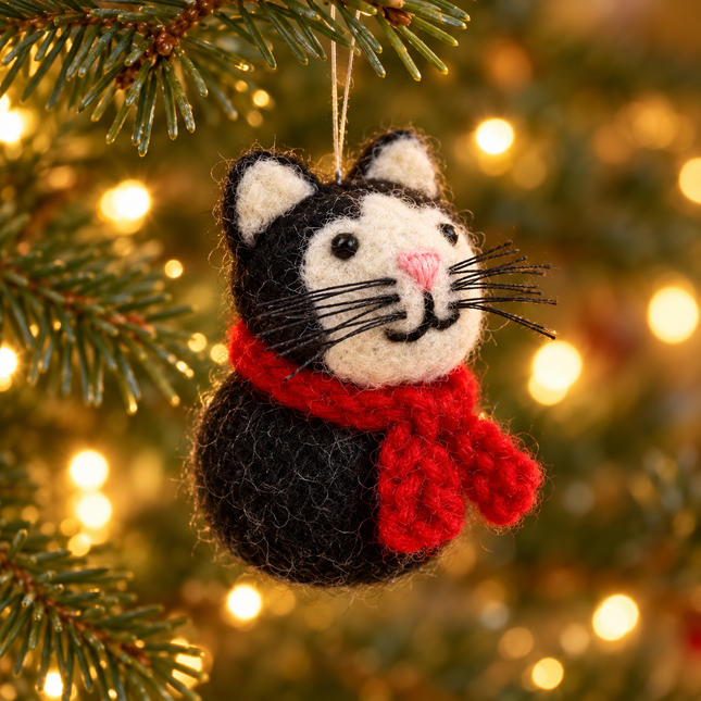 Handmade Mini Wool Felt Christmas Decoration - Cat with Scarf