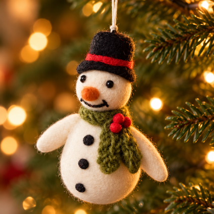 Handmade Wool Felt Christmas Decoration - Snowman with Holly Scarf