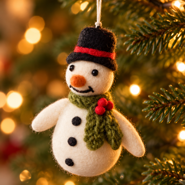 Handmade Wool Felt Christmas Decoration - Snowman with Holly Scarf