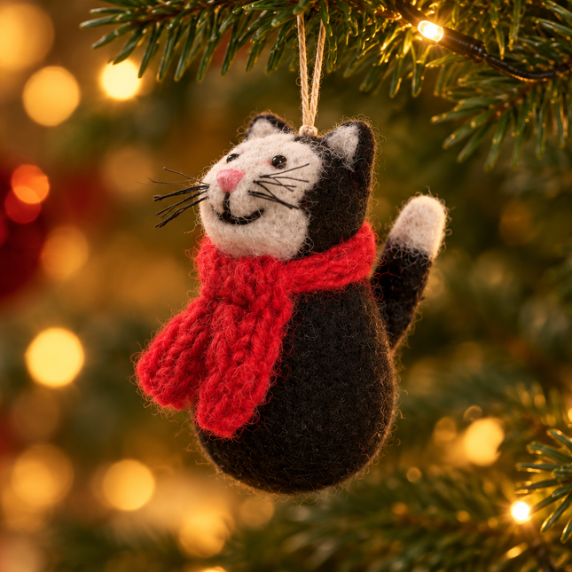 Handmade Wool Felt Christmas Decoration - Cat with Scarf
