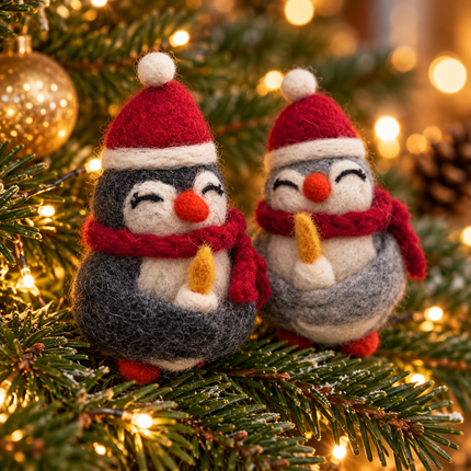 Handgemaakte kerstdecoratie van wolvilt - pinguïn met kaars