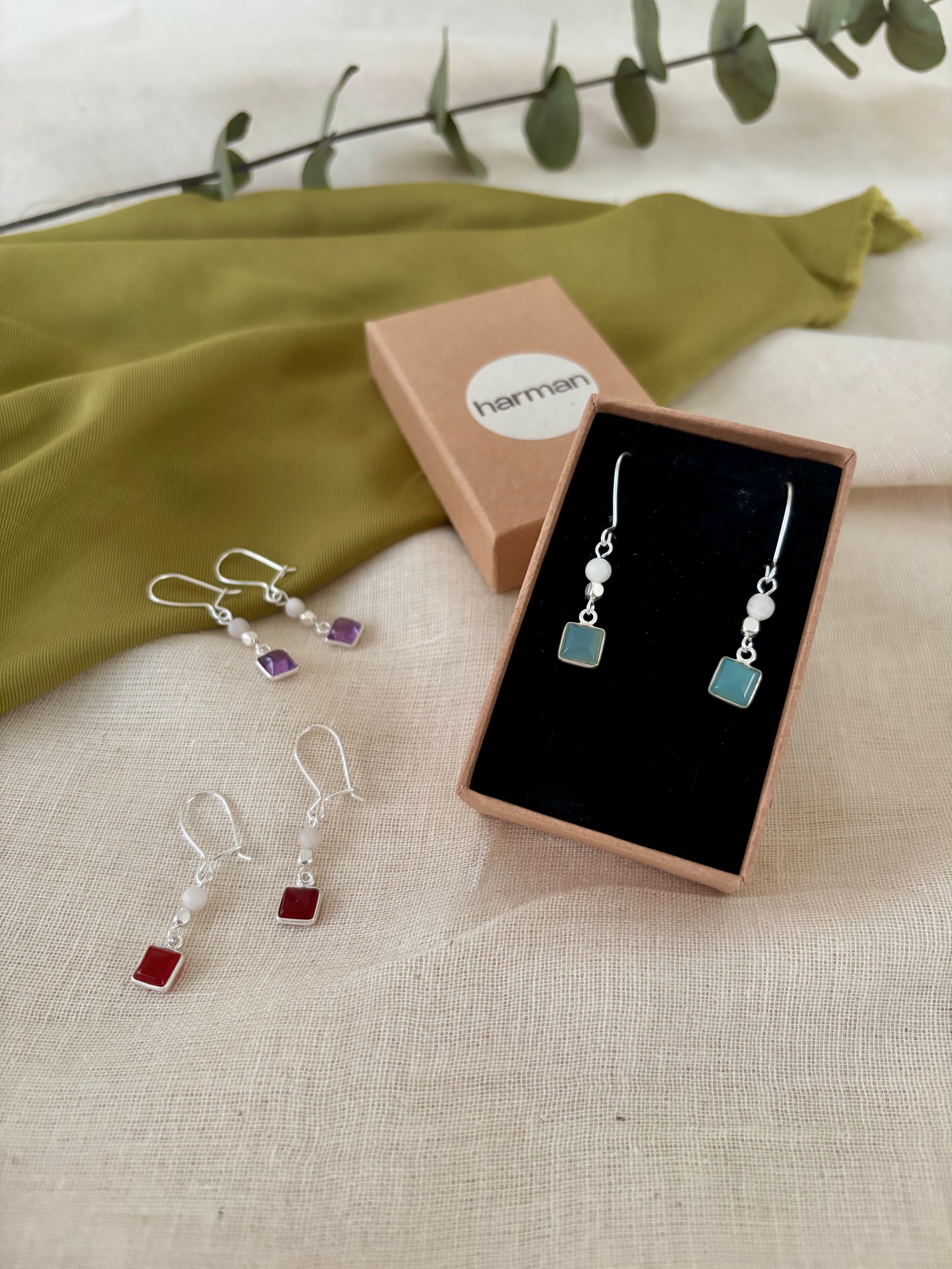 Sterling Silver Earrings with Square Stones - N11