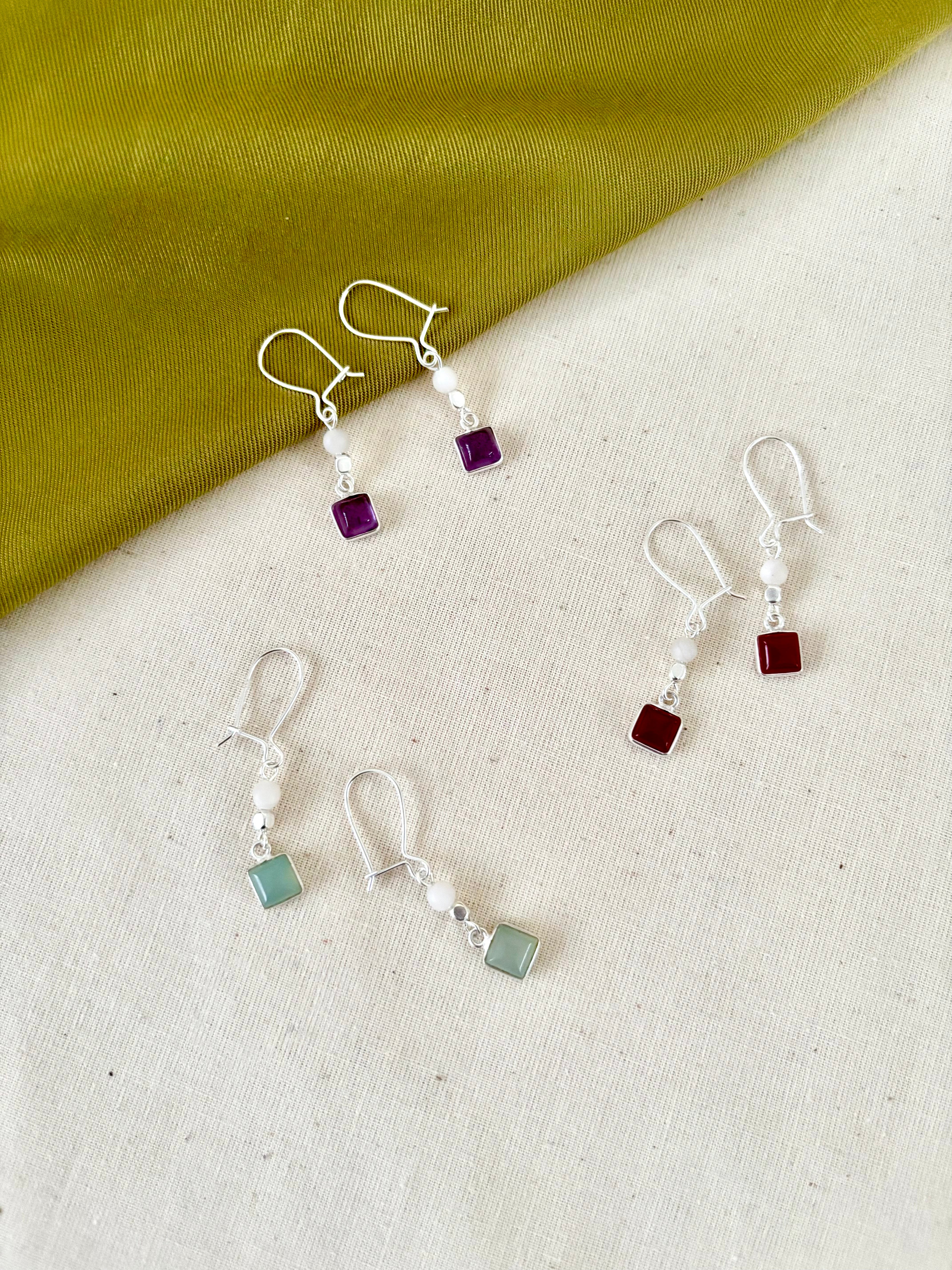 Sterling Silver Earrings with Square Stones - N11