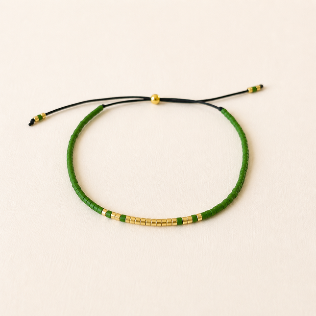 Miyuki Bead Adjustable Bracelet - Khaki & Gold