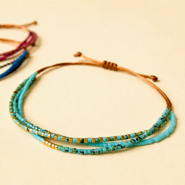 Miyuki Bead Adjustable Bracelet - Mint Blue & Gold