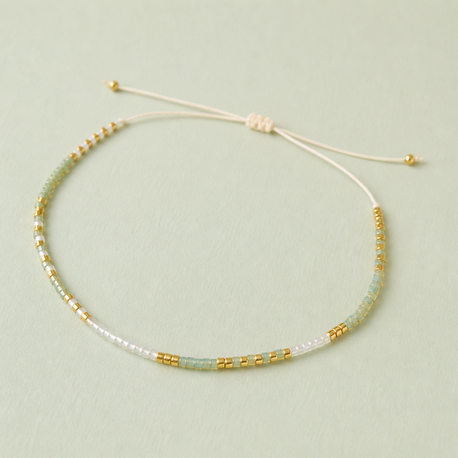 Miyuki Bead Adjustable Bracelet - Soft Green & White