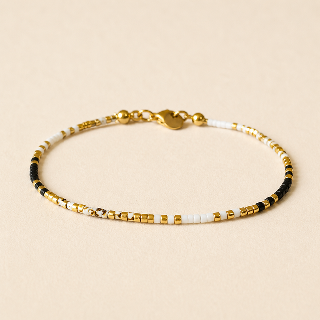 Miyuki Bead Bracelet with Stainless Steel Hook - Black, White & Gold