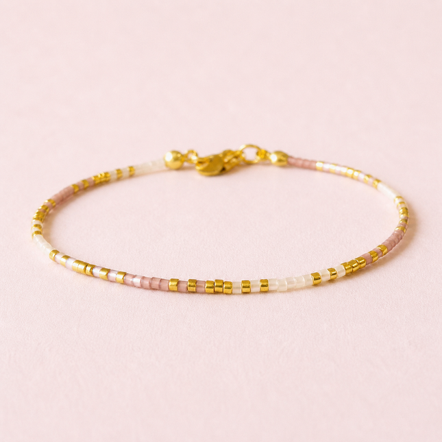 Miyuki Bead Bracelet with Stainless Steel Hook - Soft Pink Tones & Gold