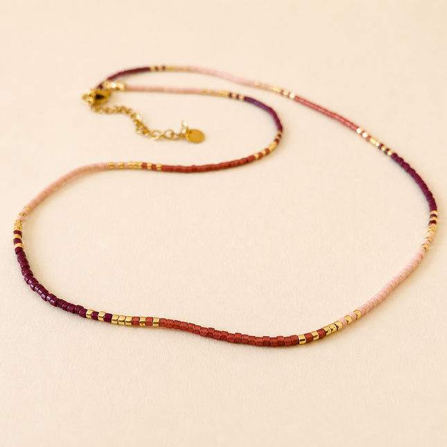 Miyuki Bead Necklace - Bordeaux, Red & Soft Pink