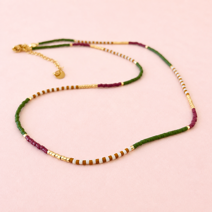 Miyuki Bead Necklace - Green, Gold & Bordeaux