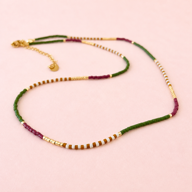 Miyuki Bead Necklace - Green, Gold & Bordeaux