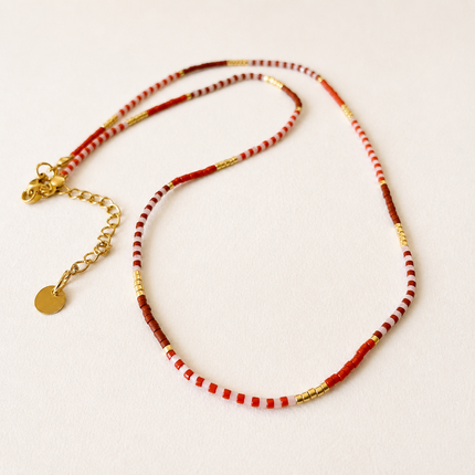 Miyuki Bead Necklace - Red, White & Gold