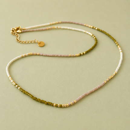 Miyuki Bead Necklace - Olive Green & White