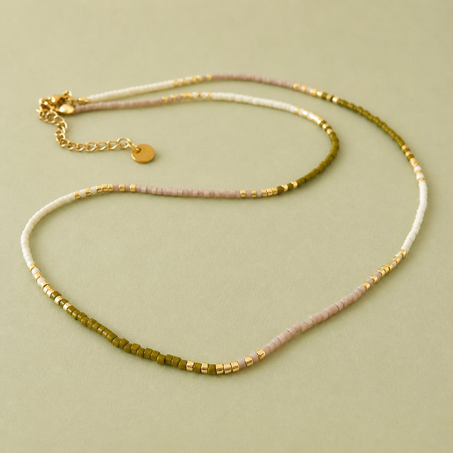 Miyuki Bead Necklace - Olive Green & White