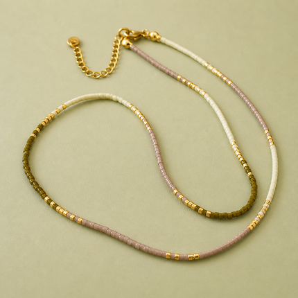 Miyuki Bead Necklace - Olive Green & White