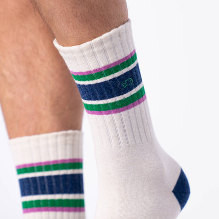 Combed Cotton Socks - Beige & Green - Navy Striped - One size: 41/46 - Harman Shop & Atelier