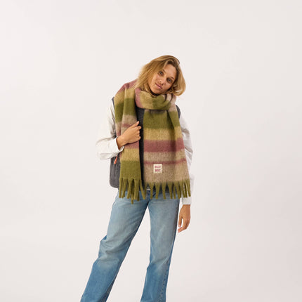 Wide Mixed Wool Scarf - Khaki & Purple