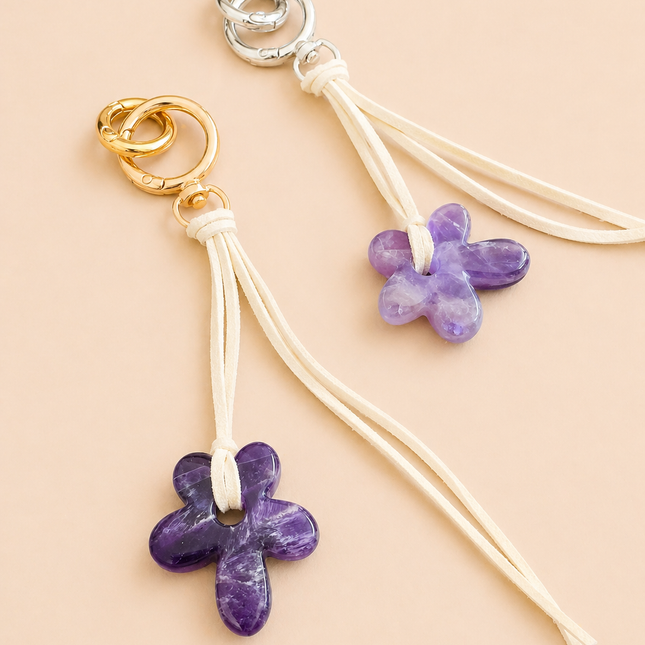 Amethyst Flower Bag Charm / Keychain - Natural Gemstone
